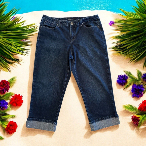 Style&co. Denim - Style & Co Denim Sparkle Cuffed Capri Jeans Womens 14 Curvy Blue Zip Pockets